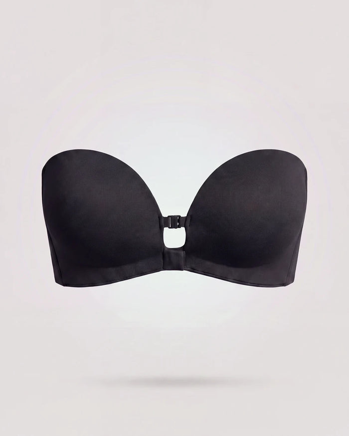 The strapless front closure bra in black, front product shot