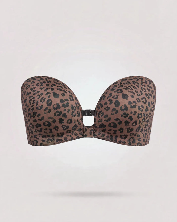Il reggiseno senza spalline con chiusura frontale in leopardato marrone, foto prodotto vista da davanti
