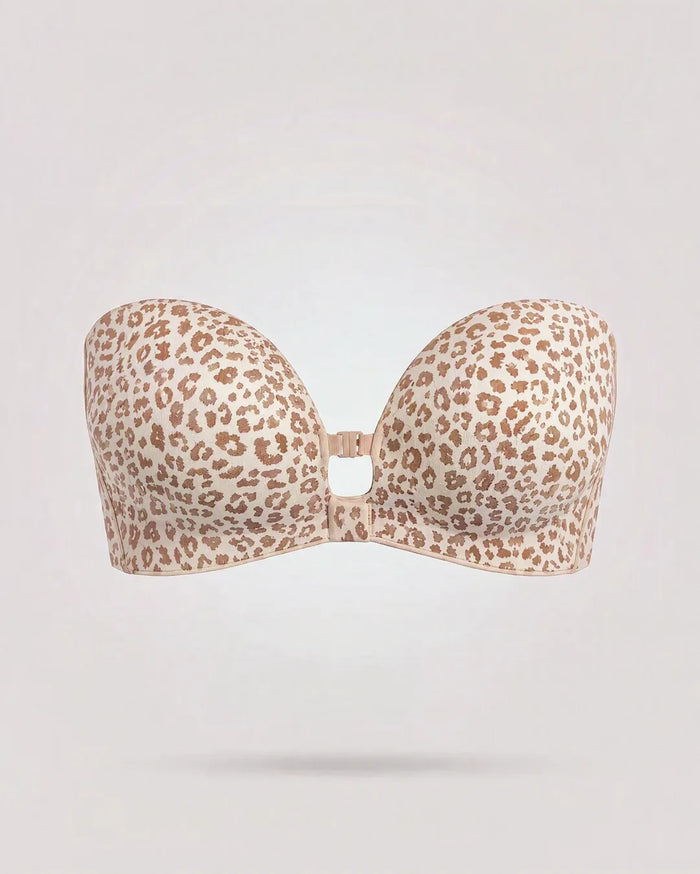 Il reggiseno senza spalline con chiusura frontale in leopardato rosa, foto prodotto vista da davanti